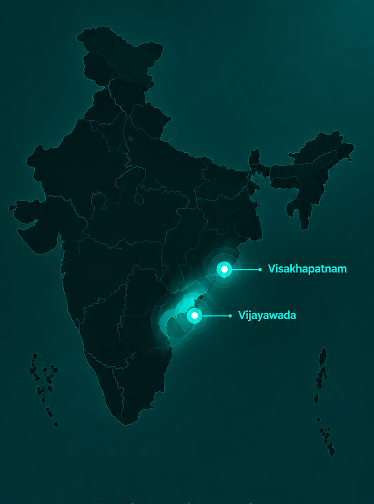 Dark map of India with Visakhapatnam and Vijayawada highlighted in Atpeek teal